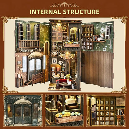 Book Nook Kits for Adults and Teens DIY Miniature Dollhouse Kit 3D Wooden Puzzle Booknook Bookend with LED Light Gifts for Family Friends (Saison Café)