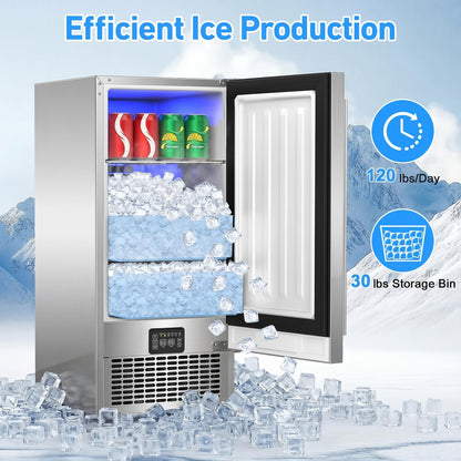 Under Counter Ice Maker 120lbs/24h, 2 in 1 Commercial Ice Machine & Beverage Refrigerator with 2 Drawers & 30lbs Storage, Stainless Steel Reversible Door, Adjustable Ice Thickness for Home Bar Kitchen