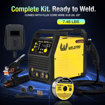 WELDPRO 140A MIG Welder 110/220V, 2026 Newest 5-in-1 Flux Core Welder, Synergic/Thickness Gasless MIG/Lift TIG/MMA/Spot Welding Machine, IGBT Inverter Welder with Large LED Digital Display, 2T/4T