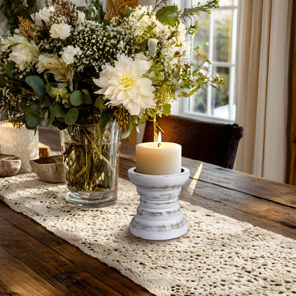 Pillar Candle Holder, Farmhouse Wood Candle Holder, Rustic Wooden Candle Stand, Vintage Small Wooden Candlestick Holders for Living Room, Table Centerpiece, White