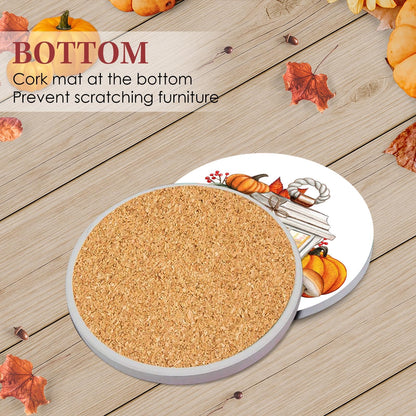 Britimes Coaster for Drinks Set of 6, Fall Leaf Thanksgiving Autumn Pumpkin Absorbent Round Ceramic Stone Mat, with Cork Base and Metal Holder, Gift for Housewarming Room Bar Decor