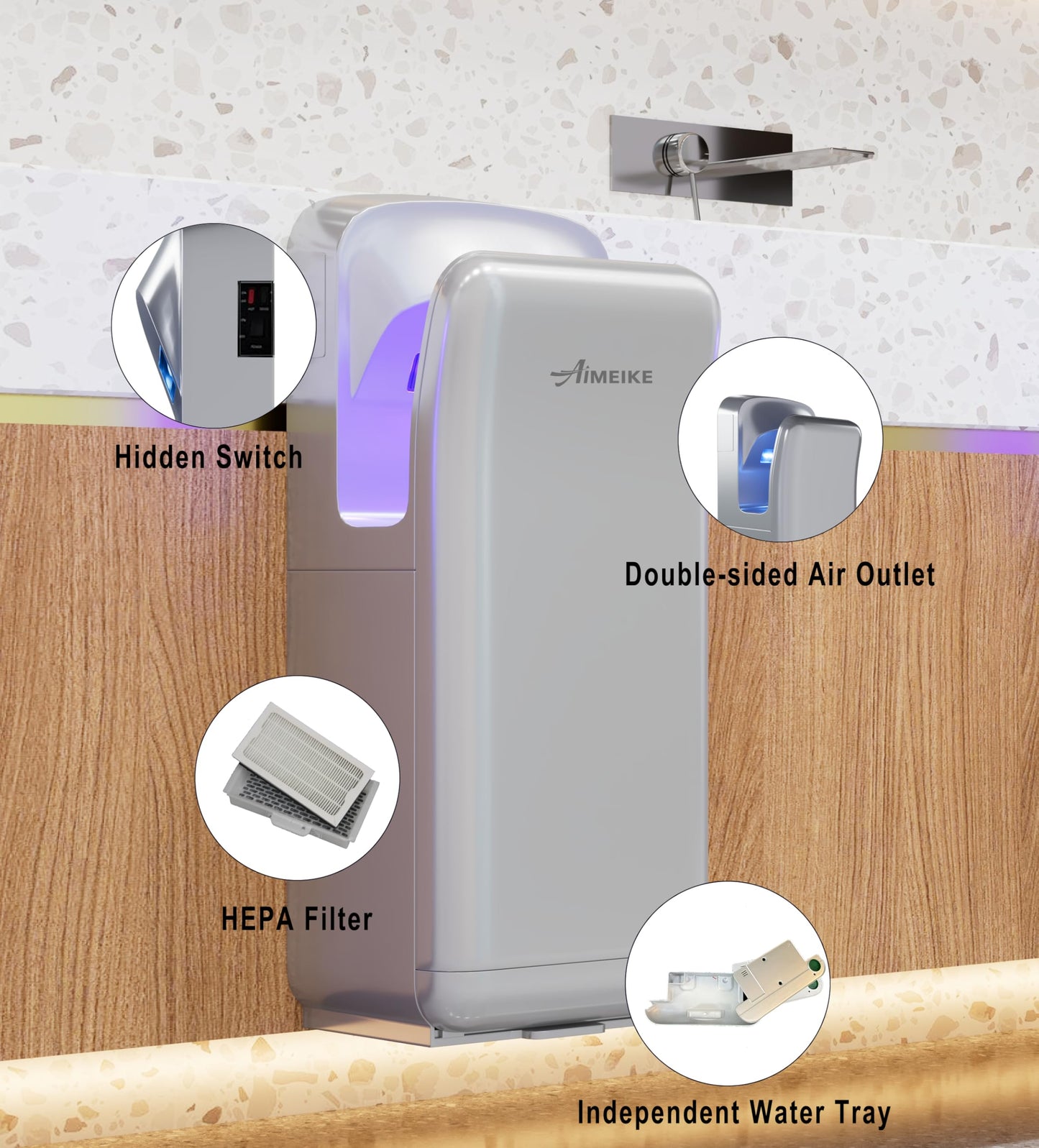 AIMEIKE Commercial Hand Dryer, Vertical High-Speed Electric Hand Dryer for Bathrooms, Automatic Touchless Hands-in Hand Dryer for Large Public Restrooms, Offices, Hotels, Schools, Silver