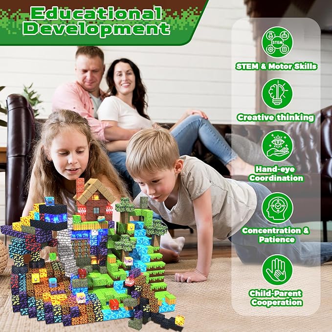 Magnetic Blocks - 150 PCS Dinosaur Volcano Forest Castle Set with Light Up Blocks - Kids Classroom Sensory Toy for Toddlers STEM Construction Stacking Toy Kids 3+ Boys Easter Basket Stuffers