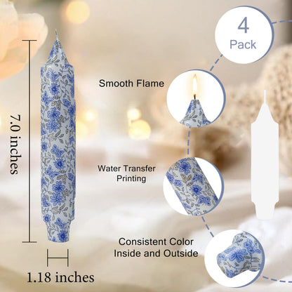 Short Blue and White Taper Candles 7 Inch Handmade Floral Candle Sticks Smokeless Unscented Clean Burning Candles for Meditation Sailing Housewarming Gift Wedding Birthday Home Dinner