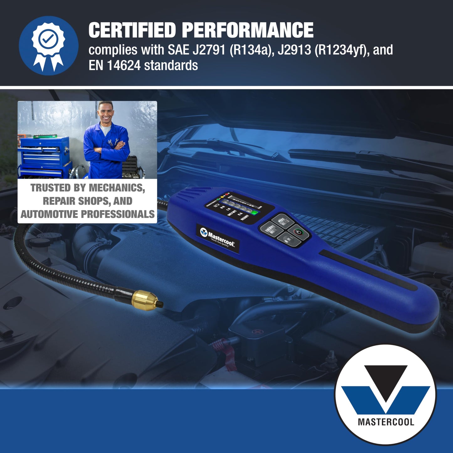 Mastercool 55900 Intellasense II Refrigerant Leak Detector – Heated Tin Oxide Sensor, Super Sensitive Mode, Certified for R134a and R1234yf, Compact Design with LED Display and Leak Vial