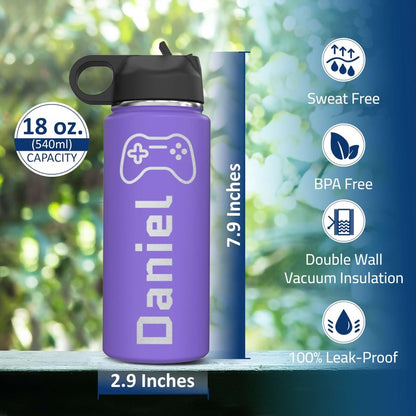 Personalized Boys Name & Icon Insulated Stainless Steel Water Bottle with Flip Top Lid & Straw Custom Engraved Kids, Teens, Children Gifts 18 oz.