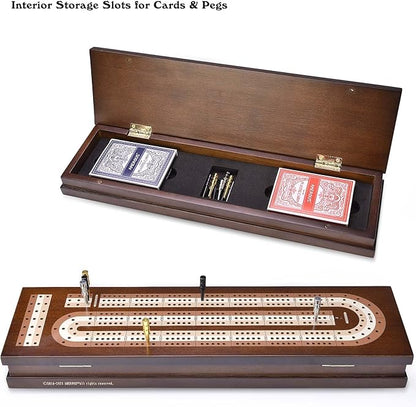 AMEROUS Wooden Cribbage Board Game Set with Magnetic Lock - Metal Pegs - 2 Playing Cards - Continuous 3 Track Board - Larger Storage Area Travel Portable Cribbage Game Sets for Family