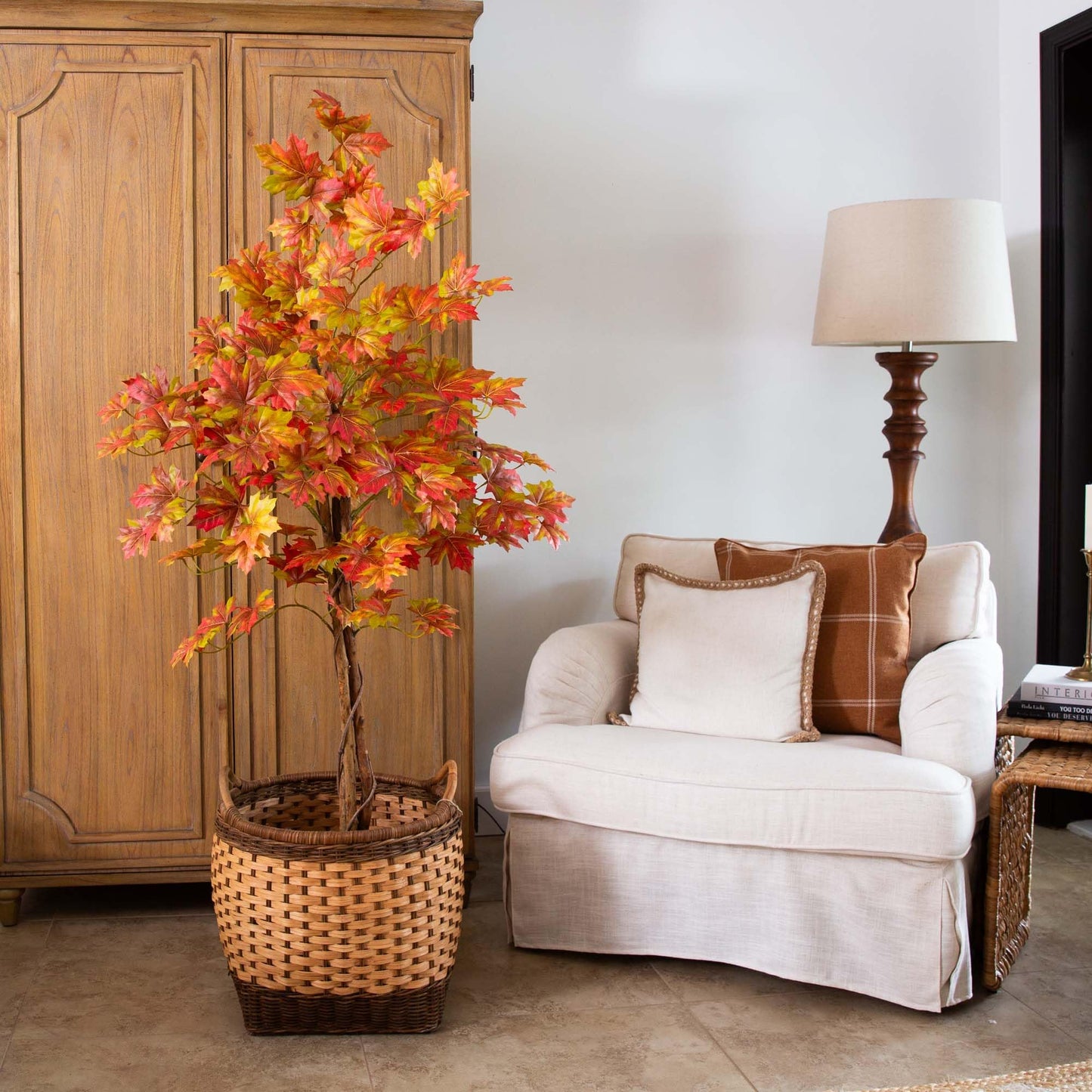 Nearly Natural 5-FT Deluxe Autumn Artificial Maple Tree, Faux Fall Décor for Home, Decorations for Fall, Autumn, Thanksgiving, and Halloween with Black Nursery Pot