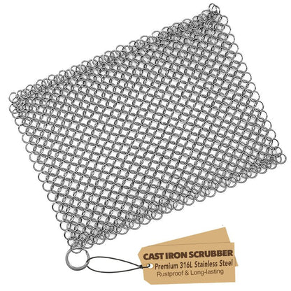TOPULORS Cast Iron Scrubber 316 Stainless Steel Skillet Cleaner 8"x6" Chainmail Scrubber Scraper Chain Mail Link Scrub for Cast Iron Pre-Seasoned Pans, Griddles, BBQ Grills, and Pot Cookware Cleaning