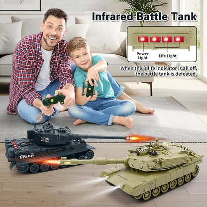 RC Battle Tank Set 1/28 Scale Remote Control Tank with Infrared Shoot Sounds Lights M1A2 Abrams &amp WW2 German Tiger Army Tanks Military Toy for Kids Aged 6 to 12