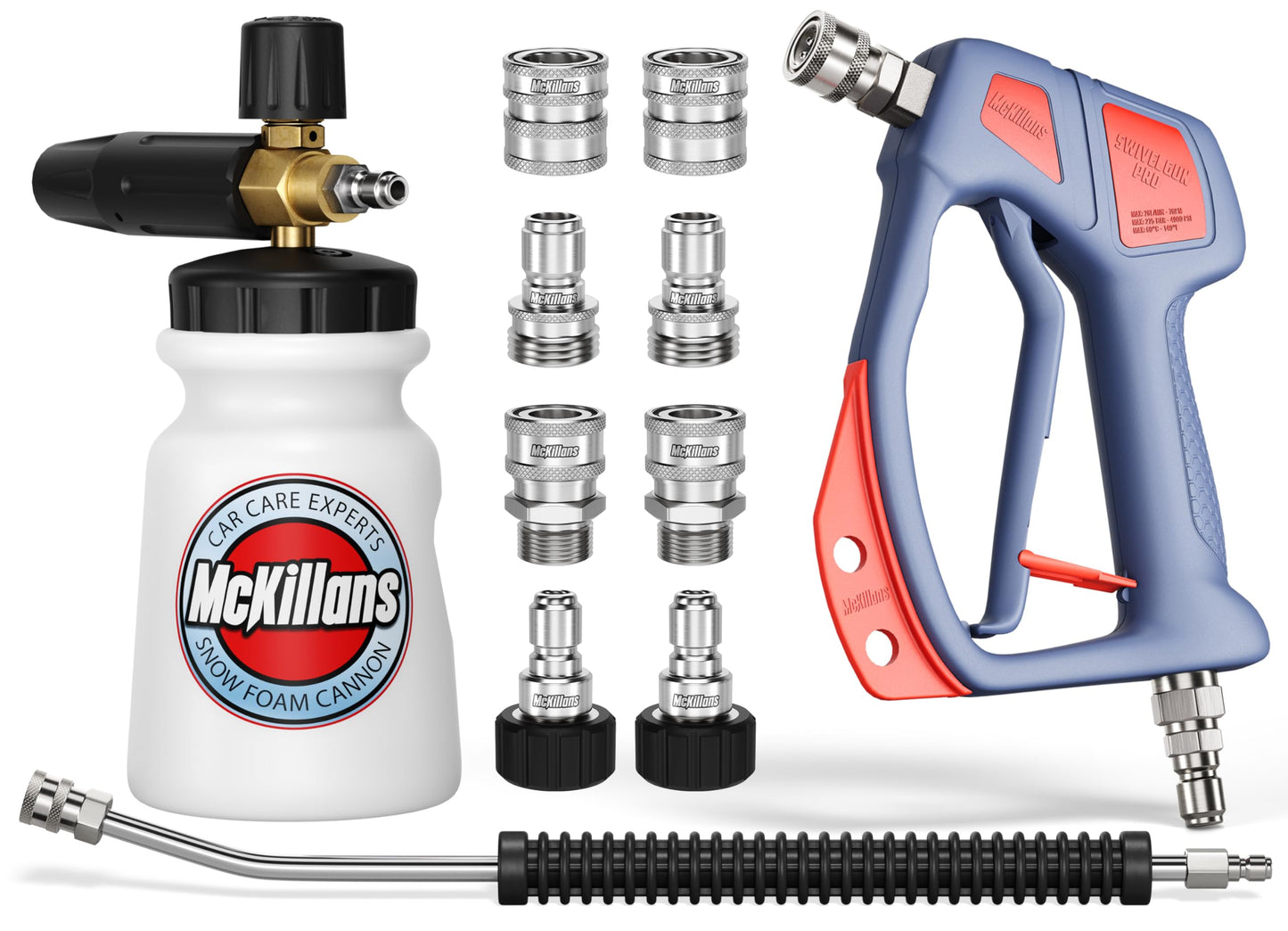 McKillans® Swivel Gun PRO + Foam Cannon Wide Mouth + Car Pressure Washer Extension Wand + Stainless Steel Quick Connect Kit M22-14mm to 3/8" Male Female Quick Disconnect Kit for Power Wash Bundle