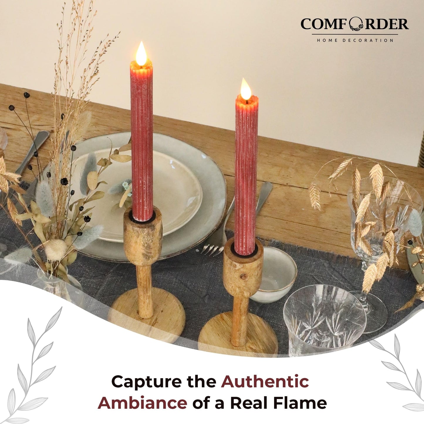 comforder Flameless Taper Candles – Flickering LED Flame with 6H Timer – Real Wax, Ribbed Design – Battery Operated Set of 2 – 10" Tall (Burgundy Red)