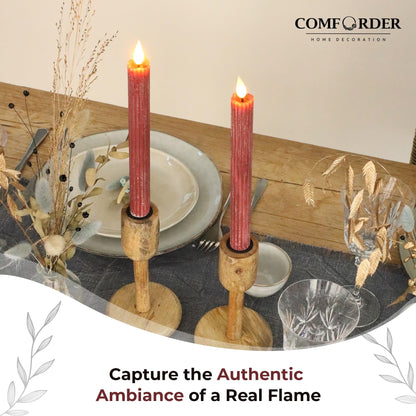 comforder Flameless Taper Candles – Flickering LED Flame with 6H Timer – Real Wax, Ribbed Design – Battery Operated Set of 2 – 10" Tall (Burgundy Red)