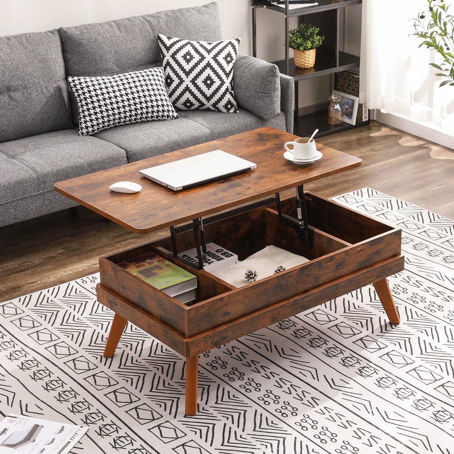 Bidiso Lift Top Coffee Table, Easy-to-Assembly Center Table with Hidden Storage Compartment, Industrial Lift Tabletop Dining Table for Living Room Reception/Home Office, Rustic Brown