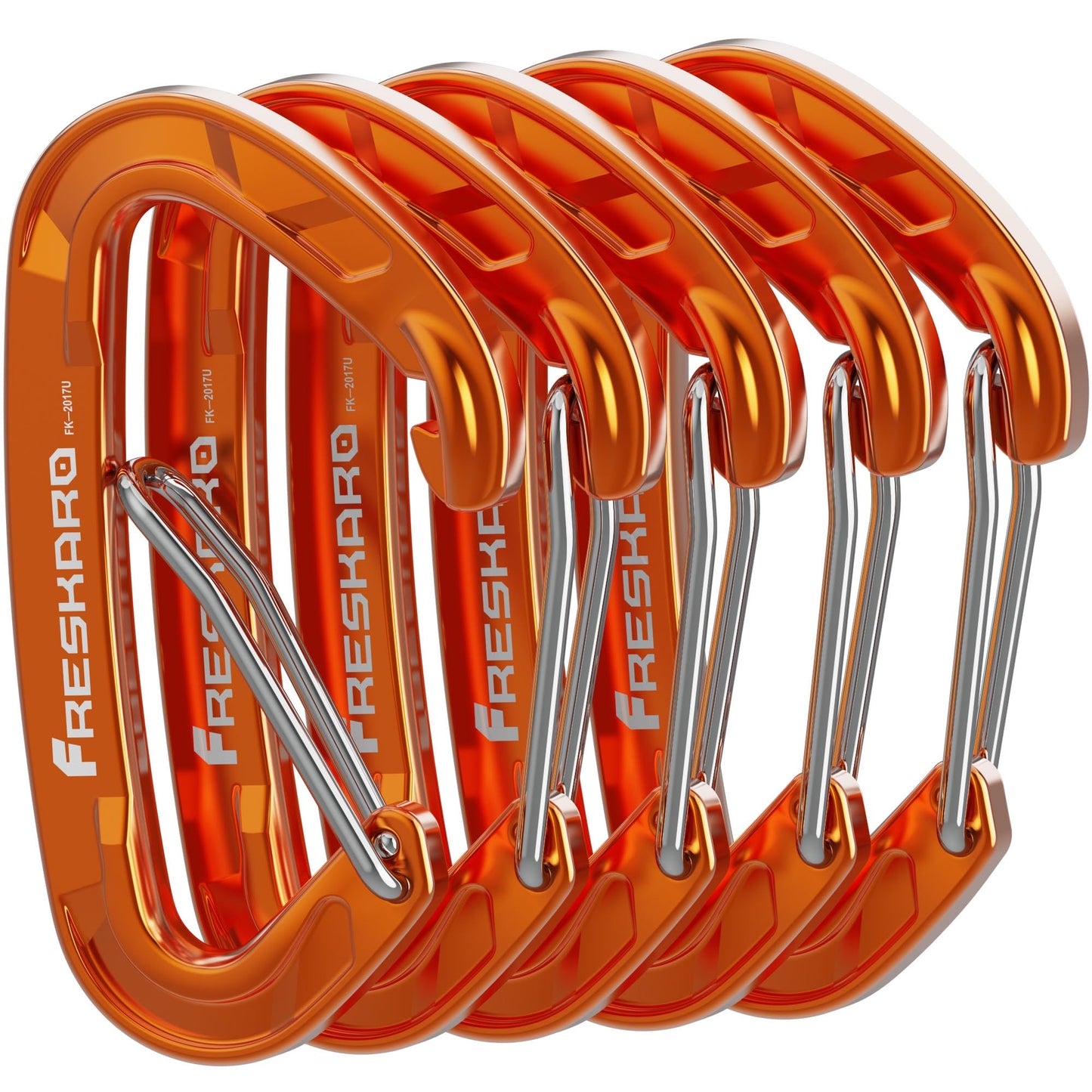 FresKaro 5pack Carabiner Clips Heavy Duty, Small Sturdy Key Keychain Accessory, Strong High Strength 8kN/1798lbs, Wire Gate, Ultra Lightweight, 7075 Aluminum, Rust Free, D-Shape, Orange