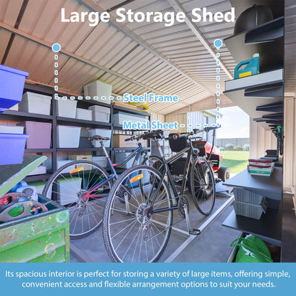 10'x14' Galvanized Steel Outdoor Storage Shed with 3 Lockable Hinged Doors & Side Access Door, 4 Top Air Vents & Built-in Raised Floor Frame, Large Garden Tool Shed, Gray