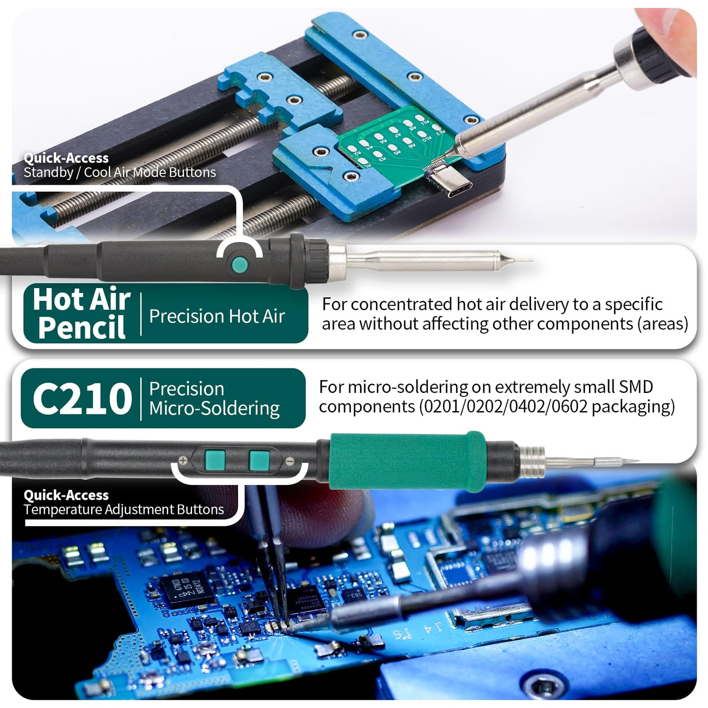YIHUA 992D-II 2-IN-1 Precision Soldering Kit with Hot Air Pencil and C210 Soldering Iron, Precision Soldering Station with Dynamic LCD Display, Low-Wear Mode, 3 Preset Channels, 8 Hot Air Nozzles