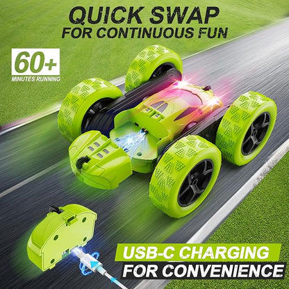 Remote Control Car for Kids Ages 6+ RC Cars Stunt Car Toy 4WD Double Sided 360° Rotating Remote Control with Headlights Birthday Xmas Gifts for Boys 6 7 8 9 10 11 12 Green