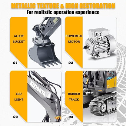 Remote Control Excavator Toys for Boys Age 6-12 Rechargeable 11 CH RC Construction Vehicles Truck with Sound Light Metal Shovel Birthday for Kids 7 8 9 10+ Year Old(2.4 GHz)
