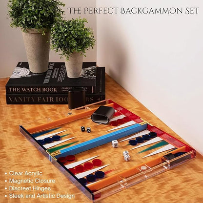 Bey-Berk Emmy Clear Acrylic Backgammon Set – 14 Board Game with Magnetic Closure Travel Storage Case