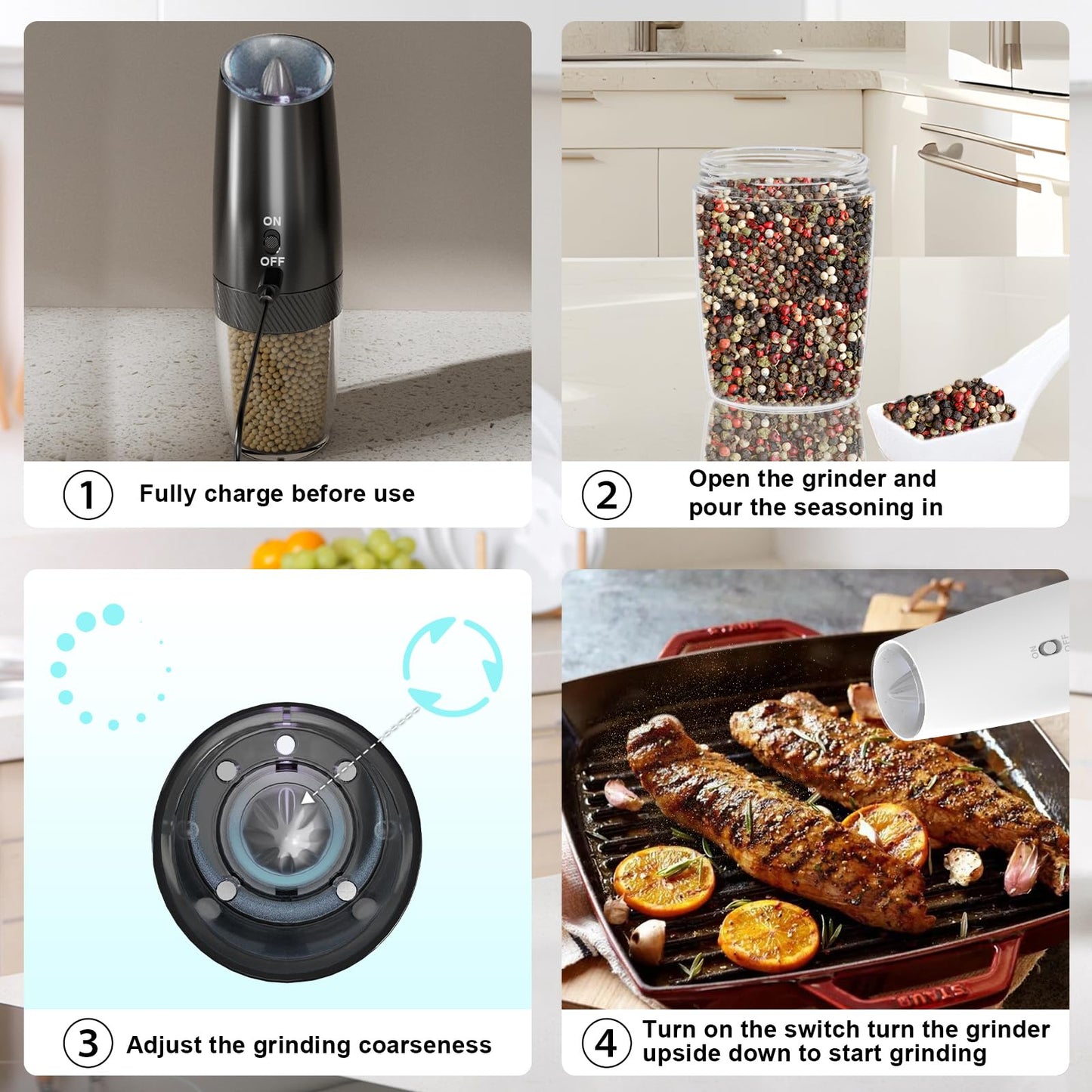 QTDHG Electric Salt and Pepper Grinder Set Rechargeable Gravity Pepper and Salt Mill Grinder Set Type-C Fast Charging, Adjustable Coarseness, Large Capacity with LED Light (Black White-2pcs)