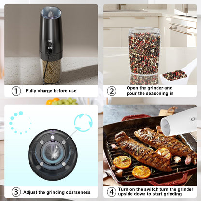 QTDHG Electric Salt and Pepper Grinder Set Rechargeable Gravity Pepper and Salt Mill Grinder Set Type-C Fast Charging, Adjustable Coarseness, Large Capacity with LED Light (Black White-2pcs)