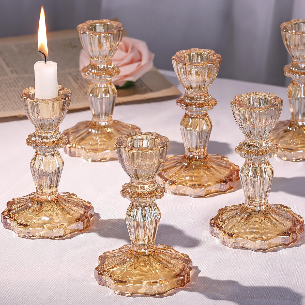 Simeitol Glass Candlestick Holders Bulk, 6PCS Gold Taper Candle Holders for Table Centerpiece, Gold Tall Candle Stick Holder Stand for Wedding Decorations, Birthday, Christmas Table Decor