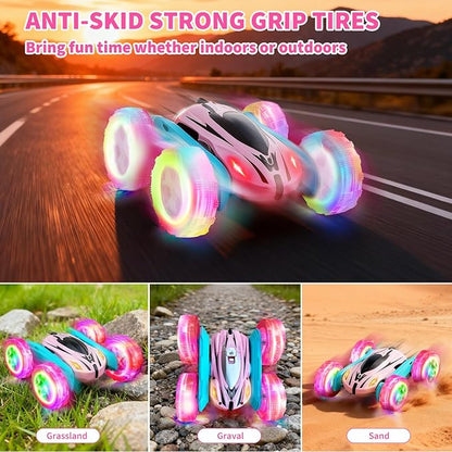lumiparty 4Pack Remote Control Car Toys for Kids 2.4GHz RC Stunt Cars with Wheel Lights Drift High Speed 4WD Off Road Double Sided 360° Rotating Cars for Boys Girls.
