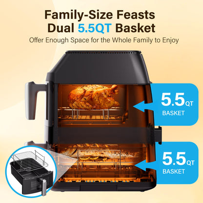 11QT Air Fryer Dual Large Basket Design (Deep Top & Long Bottom) for Whole Chicken & Ribs,430°F High-Heat Broil, 360° Rapid Circulation, 6 in 1 Preset Function, Family Meals, PFAS Free Nonstick
