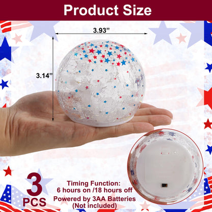 3PCS Independence Day Decorative Lights, 3.93-inch Independence Day Desktop Decoration LED Night Light, Cracked Glass Ball Light with Timer, 4th of July Decoration (Small Five-Pointed Star)