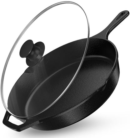 Utopia Kitchen Premium Saute Frying Pan 12 Inch, Cast Iron Chefs Pan, Pre Seasoned Cast iron Skillet With Lid, Safe Grill Cookware for Indoor & Outdoor Use, Black
