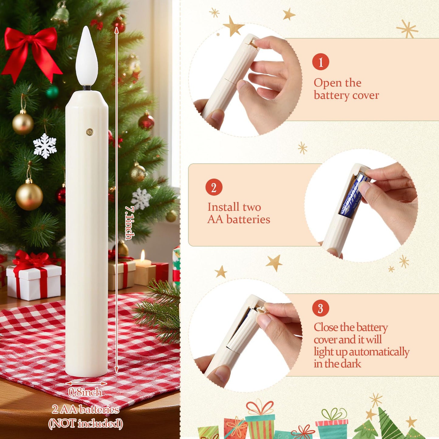 Yungyan 24 Sets Window Candles with Sensor Dusk to Dawn Christmas Window Lights with Suction Cups Battery Operated LED Candlesticks Bulk Flameless Taper Candles for Xmas Holiday Decor (Classic Style)