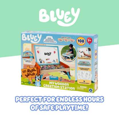 Bluey Art Creation Kids Art Station with 100 Magnets & Whiteboard Lid, Foldable Legs, Art Table for Kids, Storage Pockets