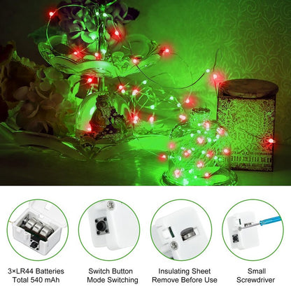 btfarm 12 Pack Fairy Lights Battery Operated [3 Modes], 7ft 20 Led Twinkle Lights String Lights Waterproof Bulk Small Mini Silver Wire for Christmas Mason Jars Wedding Table Centerpiece, Red Green