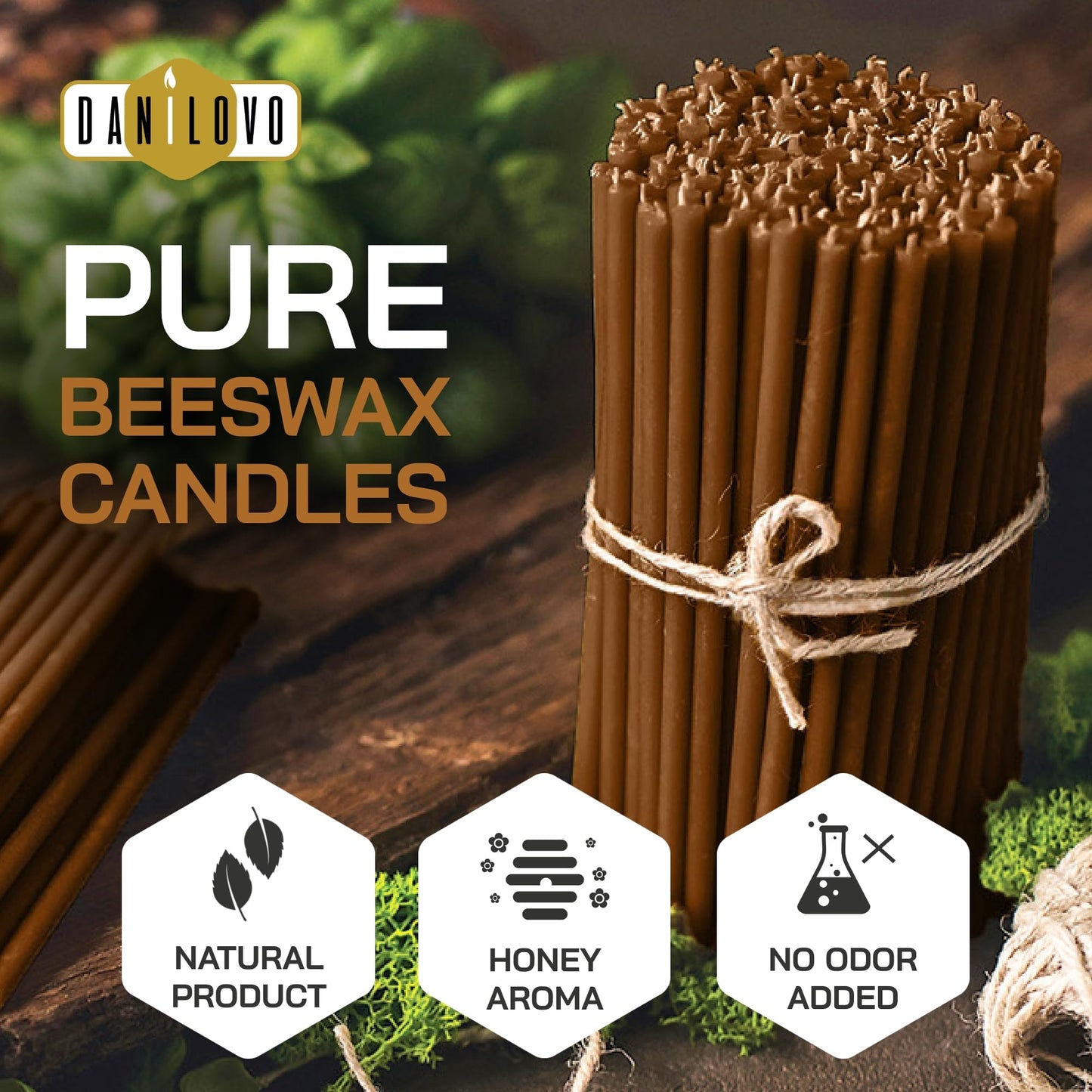 Danilovo Thin Taper Beeswax Candles - Honey-Scented, Decorative Candles Ideal for Birthday Decoration or Church Prayers - Brown Drip Free, Tall & Smokeless Pack of 50 pcs, 7.3 x 0.24 inch