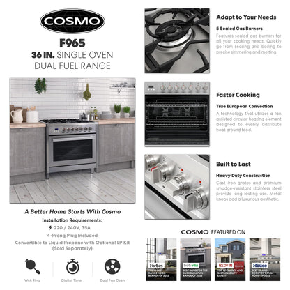 COSMO F965 36 in. Stellar Collection 4.4 cu. ft. Dual Fuel Range, 5 Sealed Burners, 8 Function Convection Oven in Stainless Steel