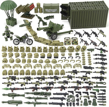 Military Weapons Pack with Shipping Cargo Container Army Equipment Helmet Armor 325Pcs Various of Military Accessories Building Block Toy Compatible with Major Brands Soldier Figures (Olive Green)