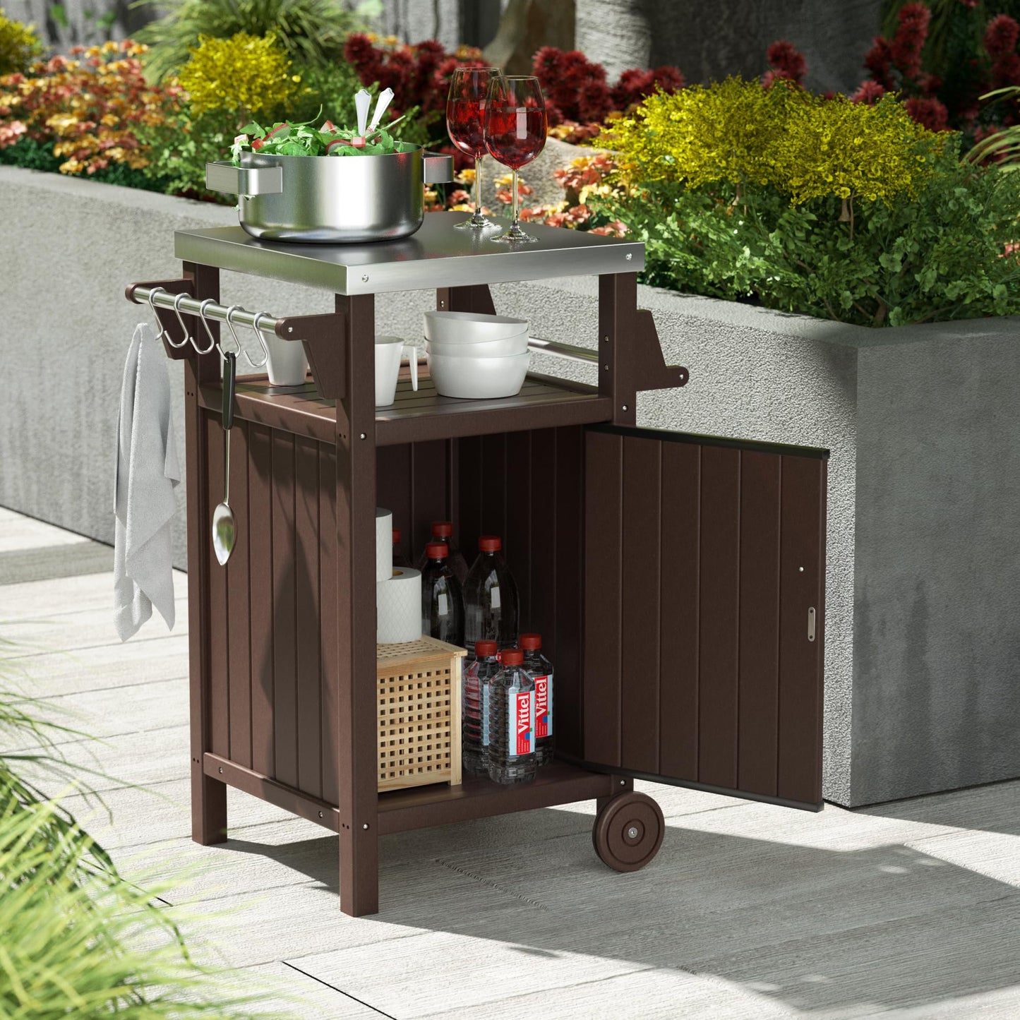 KORVOS Kitchen Portable Outdoor Grill Cart, Patio Movable Bar Cart with 304 Stainless Steel Top&HDPE Frame, BBQ Table for Indoor,Outdoor&All Weather Use, Brown