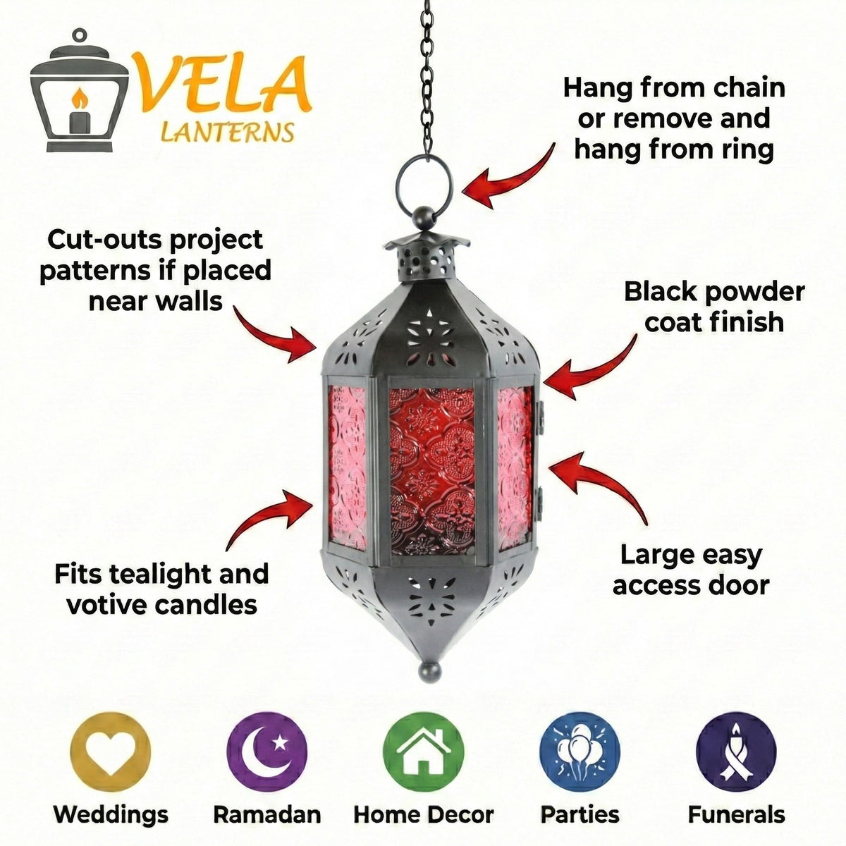 Vela Lanterns Hanging Moroccan Lamp - Exotic Decorative Patio & Porch Decor, Indoor Outdoor Tea Light Candle Lantern Holder with Chain (11" Medium, Red Glass, 2-Pack)
