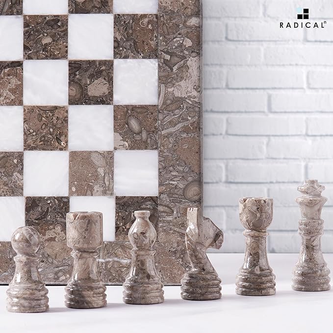 Radicaln Marble Chess Set 12 Inches Grey Oceanic and White Handmade Classic Strategy Board Game Ideal Chess Board &amp 32 Pieces for Adults