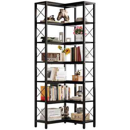 IRONCK Corner Bookshelf, 7-Tier Industrial Corner Bookcase, Tall Corner Shelf Storage Display Rack with Metal Frame for Living Room Home Office, Black
