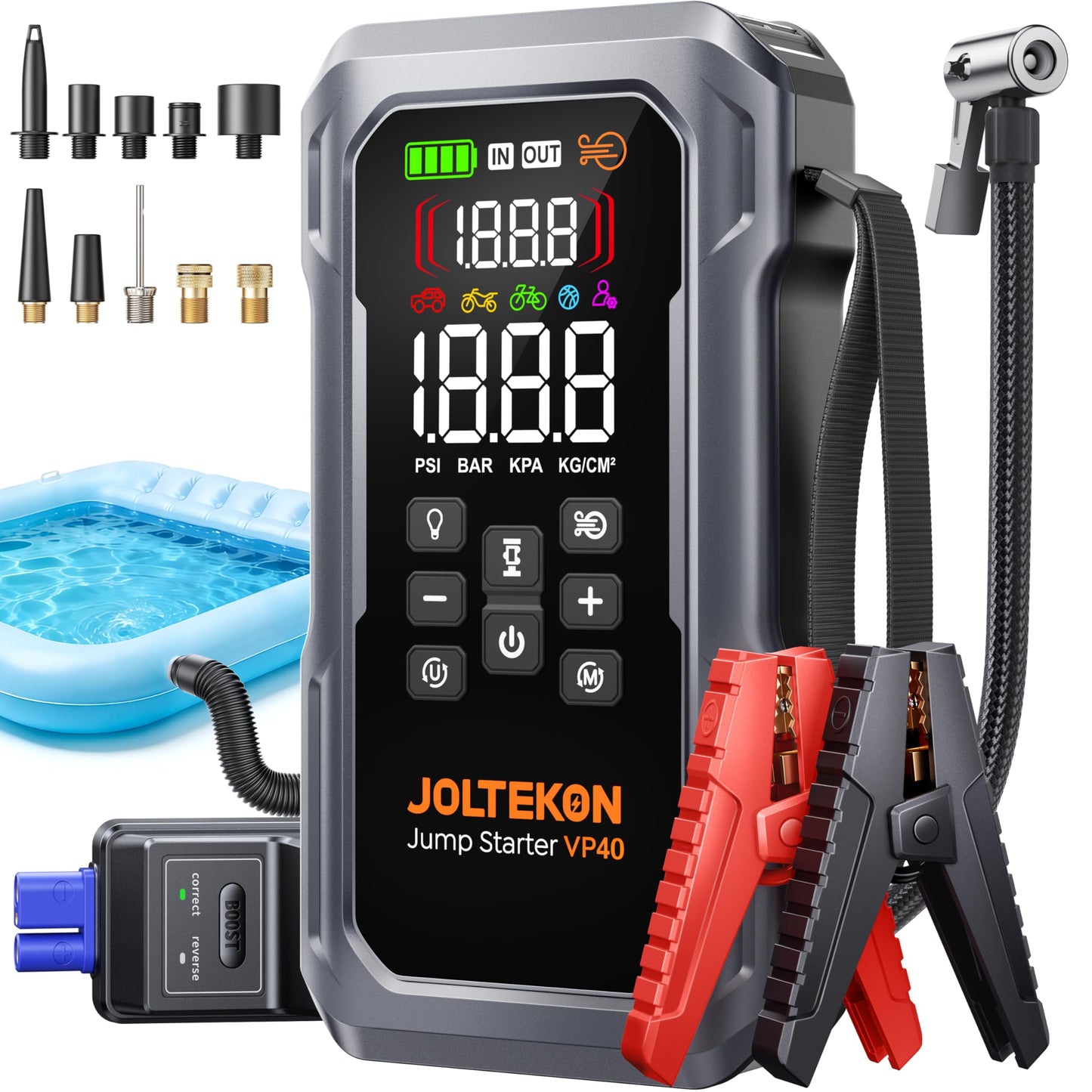 JOLTEKON 6000A 160PSI 9-in-1 Car Battery Jump Starter with Air Compressor & Air Blower (All Gas 12L Diesel), Battery Jumper Starter Portable Jump Box for Car Battery with 800LM Light/18W Fast Charge