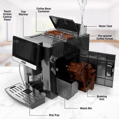Zulay Magia Super Automatic Espresso Maker Machine with Grinder - 19 Fully Customizable Coffee Options, Auto Cleaning, Milk Foam System - for Latte, Cappuccino- Prime - Silver (13.8x18x9.4)