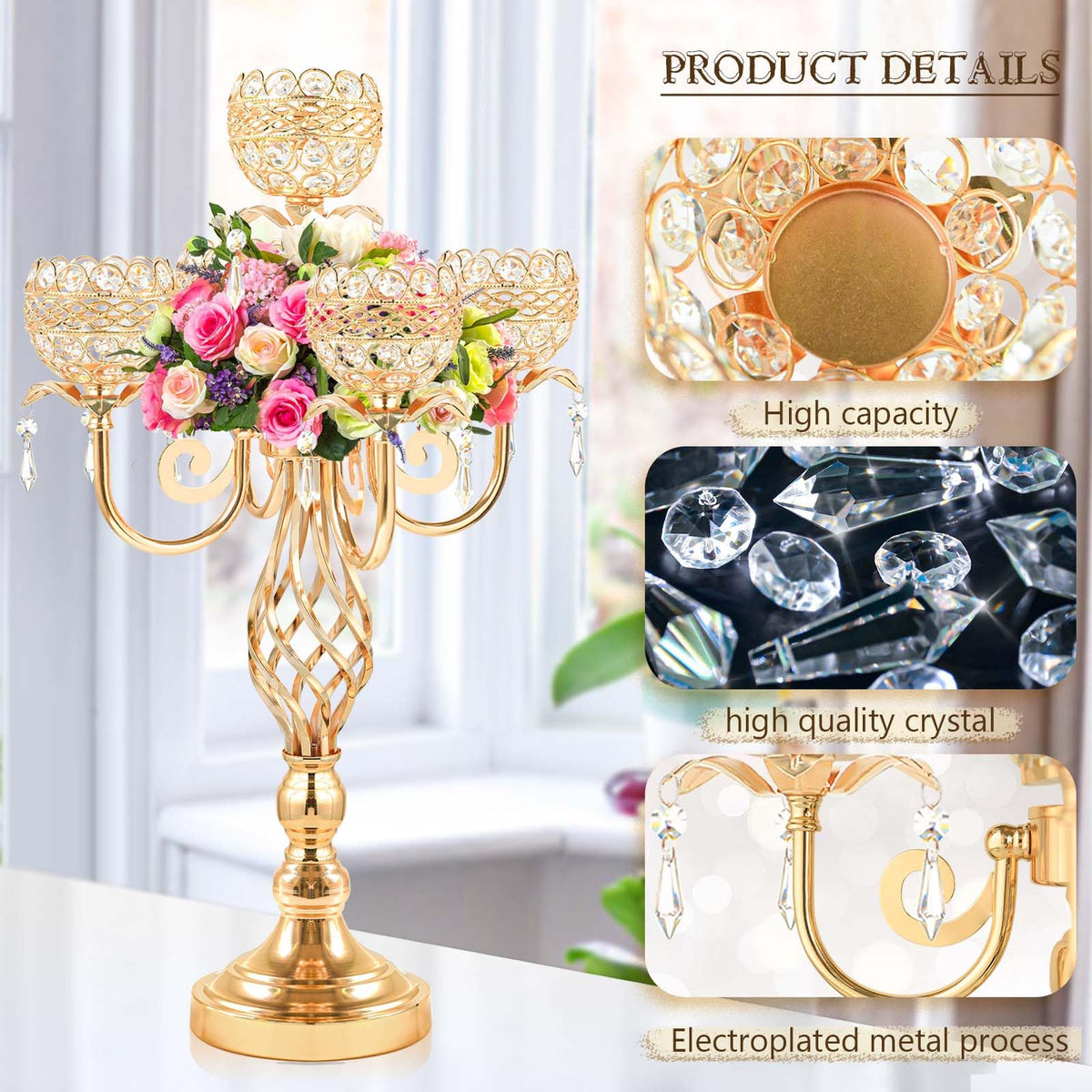 Elegant 5-Arm Candelabra Centerpiece with Crystal Pendants - 23.6 Inch Tall Table Centerpiece for Weddings, Parties, Home Decor for Mother’s Day, Holidays & Special Occasions (1, Gold)