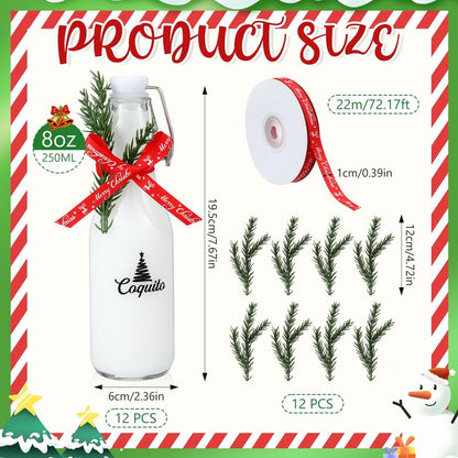 Sieral 12 Pack Christmas Coquito Glass Bottle 8oz Clear Flip Swing Top Beer Brewing Bottles with Ribbon and Artificial Branches for Liquids Wine Christmas Tree Xmas Gifts