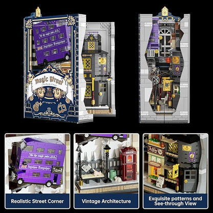Wizarding Magic Street &amp Floating Iconic Bus Building Set - Enchanted Shop Scene Book Nook Building Set Collectible Fantasy Model for Fans &amp Kids Birthday Gift Idea