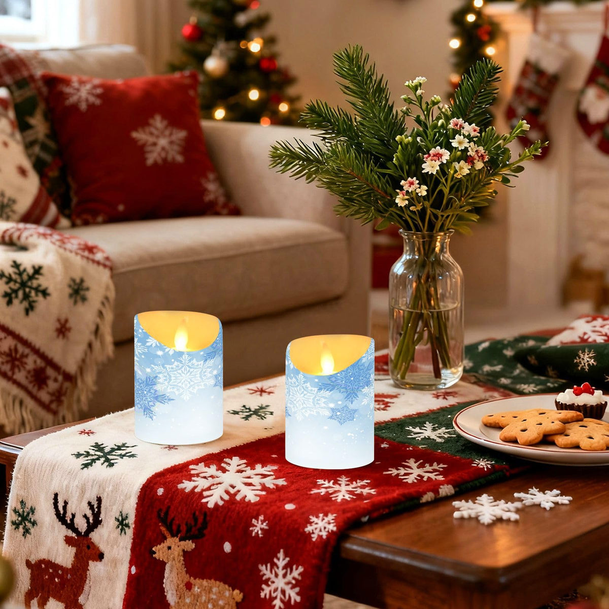 Christmas Flameless Candles Set of 2 Blue Snowflakes Realistic LED Candles with Remote Battery Operated Holiday Decorations