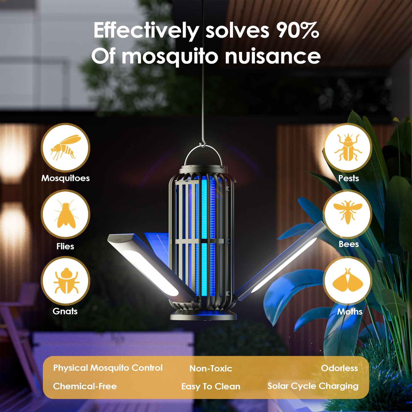 Bug Zapper 2 Pack, Solar Bug Zapper with 3 Solar Charging Panels, IP65 Waterproof Mosquito Zapper, 4200V Mosquito Zapper with LED Light, Outdoor Indoor AUTO ON/Off