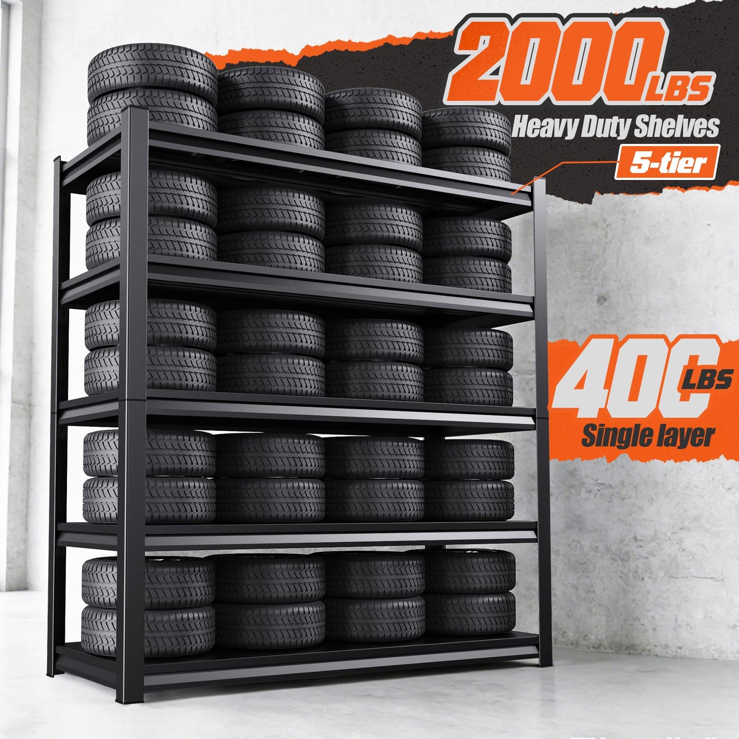 LLIIFFEE Garage Shelving, 5-Tier Garage Storage Shelves, 2000LBS Heavy Duty Shelves, 72" H x 59" W x 19.6" D Metal Shelving Unit, Utility Adjustable Storage Shelf for Warehouse, Basement, Closet