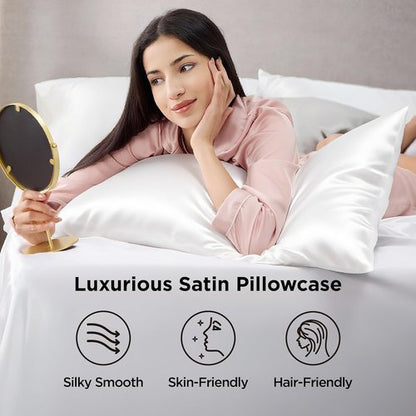 Bedsure King Size Satin Pillowcase Set of 4 - Pure White Silk-Like Covers for Hair & Skin | 20x36 Inches